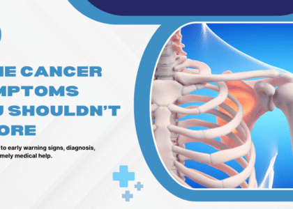 Bone cancer symptoms highlighted and anatomical rib-shoulder illustration