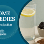 Natural remedies for constipation with lemon water, prunes and flaxseeds.