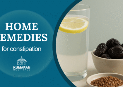 Natural remedies for constipation with lemon water, prunes and flaxseeds.