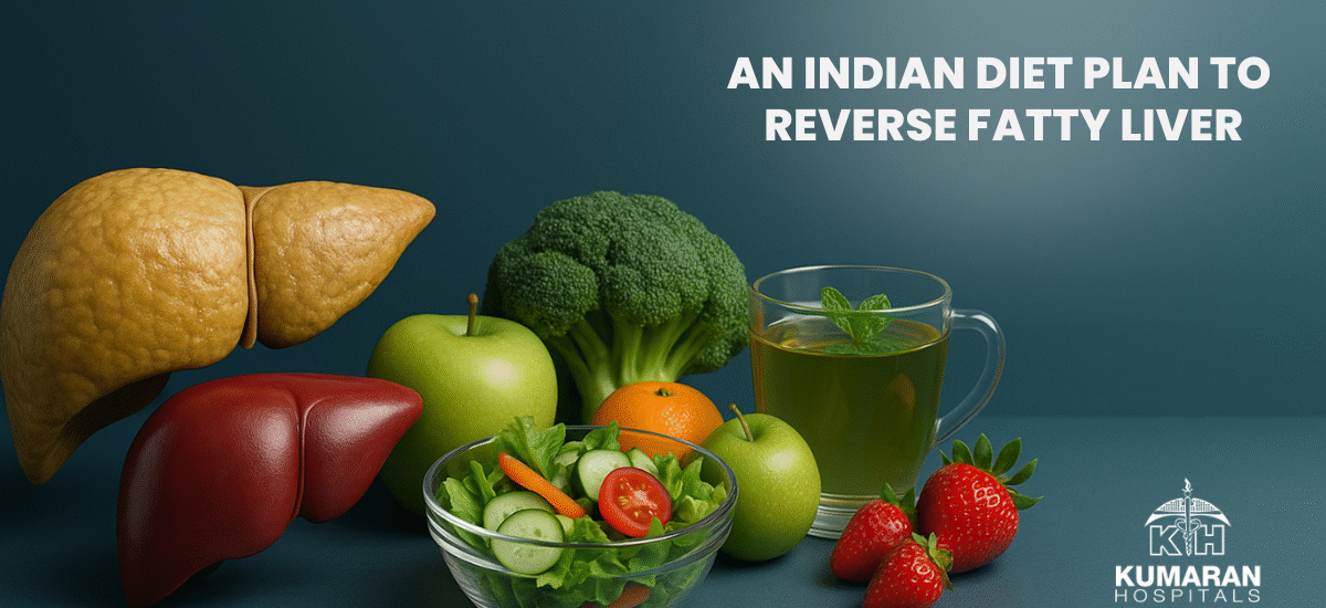 Fatty vs healthy liver with healthy foods symbolising a diet plan to reverse fatty liver naturally.