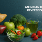 Fatty vs healthy liver with healthy foods symbolising a diet plan to reverse fatty liver naturally.