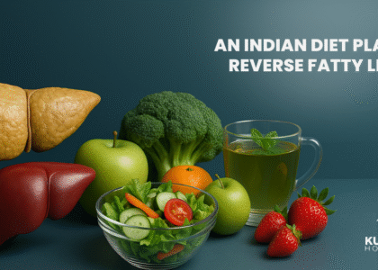 Fatty vs healthy liver with healthy foods symbolising a diet plan to reverse fatty liver naturally.