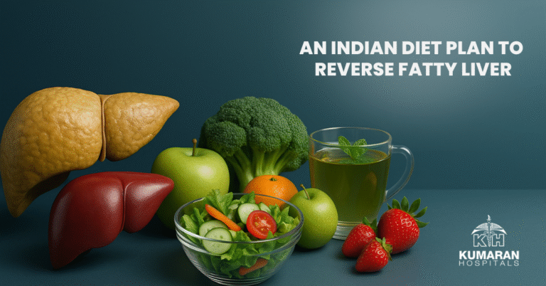 Fatty vs healthy liver with healthy foods symbolising a diet plan to reverse fatty liver naturally.