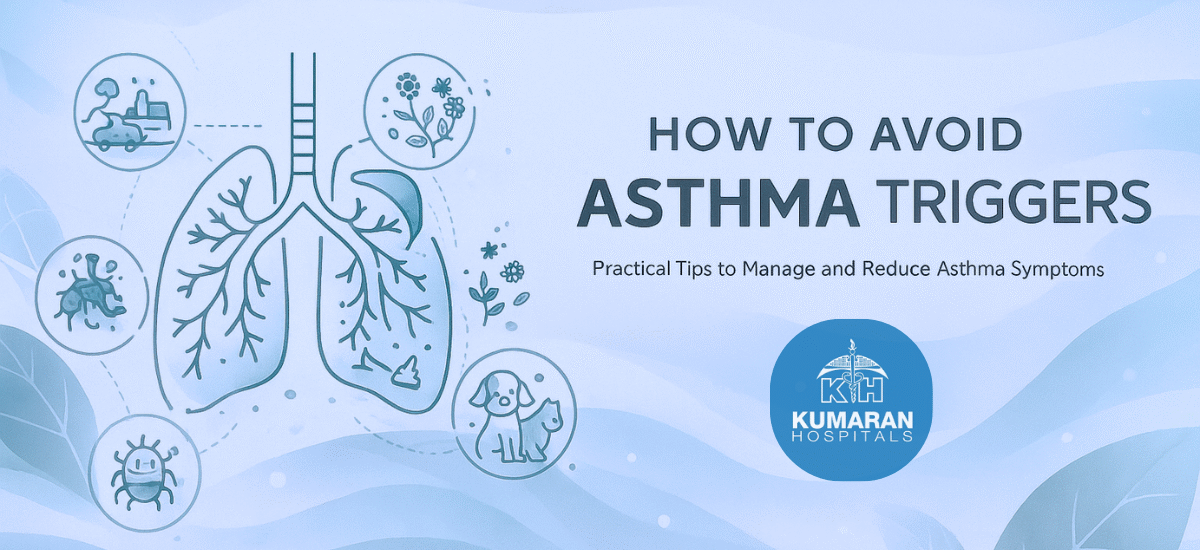 Line-art lungs illustration showing how to avoid asthma triggers for Indian patients.