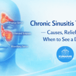 Medical illustration showing inflamed sinus cavities, frontal, ethmoid, maxillary, and sphenoid, for chronic sinusitis treatment.