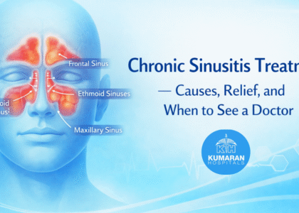 Medical illustration showing inflamed sinus cavities, frontal, ethmoid, maxillary, and sphenoid, for chronic sinusitis treatment.
