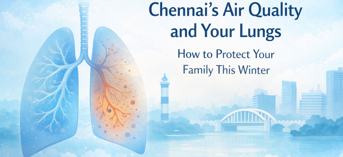 Human lungs over Chennai skyline showing one clean blue lung and one orange lung affected by air pollution, representing air quality and lung health.