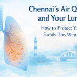 Human lungs over Chennai skyline showing one clean blue lung and one orange lung affected by air pollution, representing air quality and lung health.
