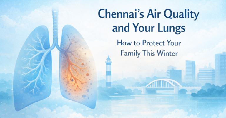 Human lungs over Chennai skyline showing one clean blue lung and one orange lung affected by air pollution, representing air quality and lung health.