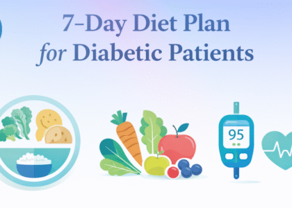 A 7-day diet plan for diabetic patients with healthy foods, a balanced meal plate, a glucometer, and a heart icon.