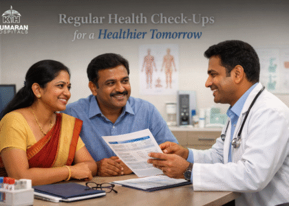 Doctor explaining health check-up test reports to the couple during a preventive healthcare consultation.