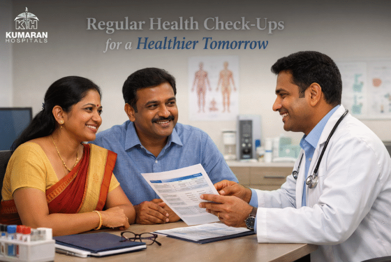 Doctor explaining health check-up test reports to the couple during a preventive healthcare consultation.
